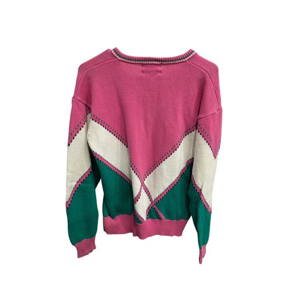 Vintage Lady LaMode Active Sportswear Pink Green White V Neck Sweater SZ Large - Picture 2 of 10